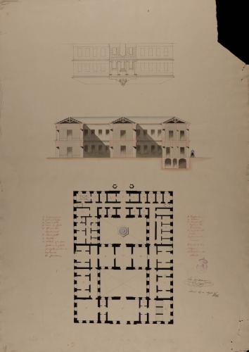 Planta, alzado de la fachada principal y sección de una casa de ayuntamiento para un pueblo, con cárcel y habitaciones para los alcaides