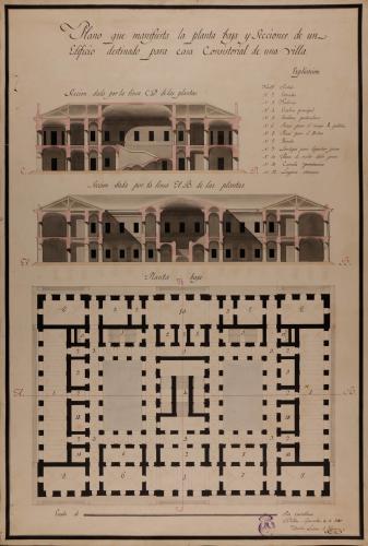 Planta baja y secciones AB y CD de una casa consistorial para una villa