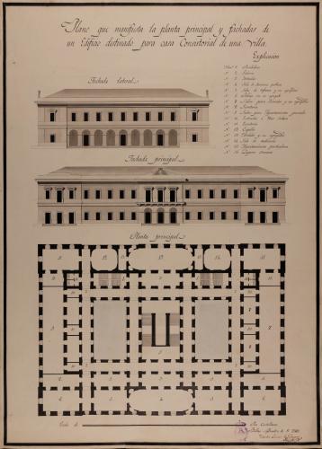 Planta principal, alzado de las fachadas principal y lateral de una casa consistorial para una villa