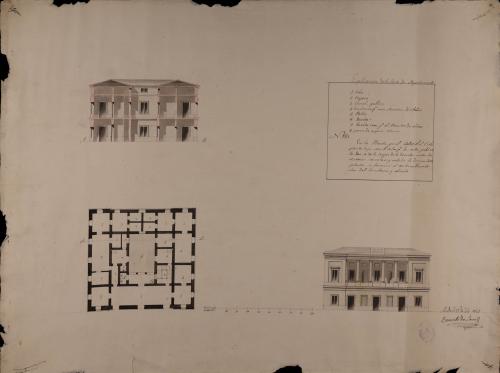 Planta, alzado de la fachada principal y sección AB de una casa de ayuntamiento con cárcel, repeso y habitaciones para los maestros