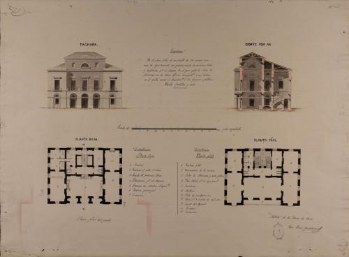 Plantas baja y principal, alzado de la fachada principal y sección AB de un casa de ayuntamiento con graneros, escuela de primaria y habitación para el maestro, para un pueblo de 150 vecinos