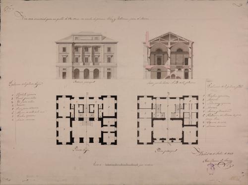 Planta baja y principal, alzado de la fachada principal y sección AB de una casa consistorial con escuela de primeras letras y habitación para el maestro, para un pueblo de 250 vecinos. 