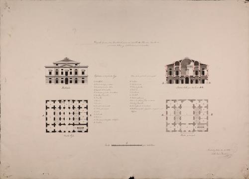 Planta, alzado y sección de un casa consistorial en un pueblo de 250 vecinos, con escuela de primeras letras y habitación para el maestro