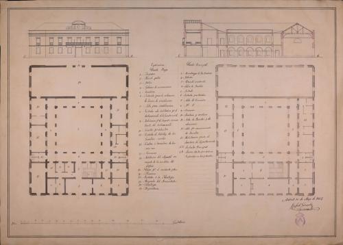 Plantas baja y principal, alzado de la fachada principal y sección CD de una casa de ayuntamiento con alhóndiga, cárcel, almacén y tribunal de justicia
