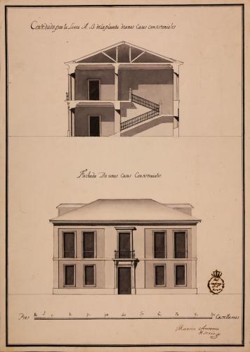 Alzado de la fachada y sección de una de las casas consistoriales