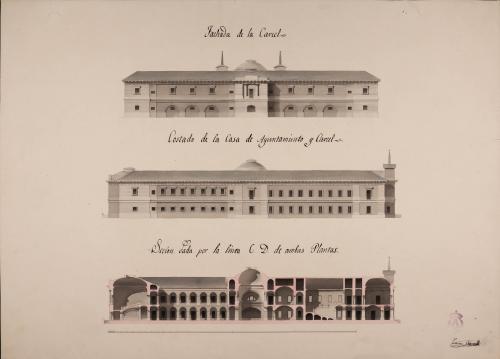 Alzado de las fachadas lateral y principal y sección CD de una casa de ayuntamiento con cárcel para Madrid
