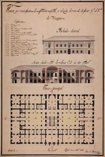 Planta principal, alzado de la fachada lateral y sección CD de un edificio para el señorío de Vizcaya
