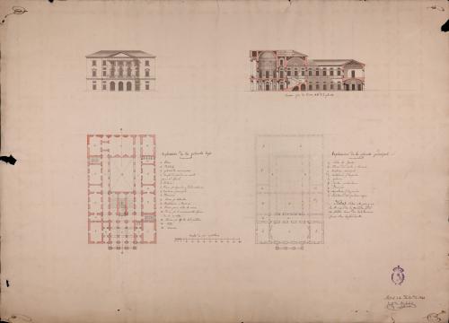 Plantas baja y principal, alzado de la fachada principal y sección de un ayuntamiento para una villa de 2000 vecinos