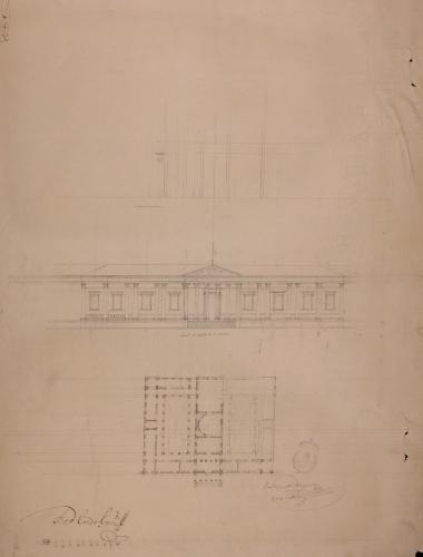 Planta, alzado de la fachada principal y sección de un ministerio de Gracia y Justicia