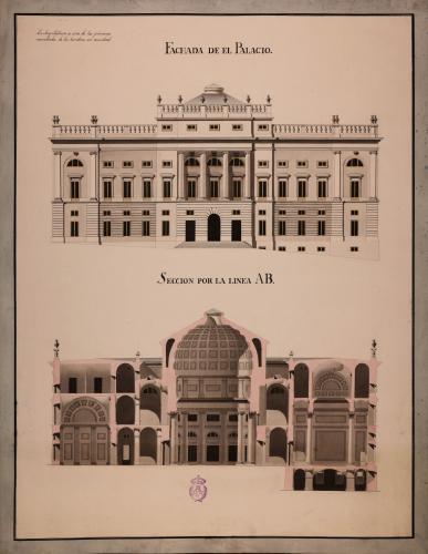 Alzado de la fachada principal y sección AB de un palacio para Congreso de Diputados
