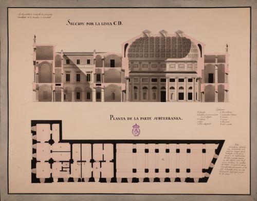 Planta de los sótanos y sección CD de un palacio para Congreso de Diputados