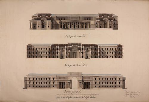 Alzado de la fachada principal y secciones AB y EF de un colegio militar