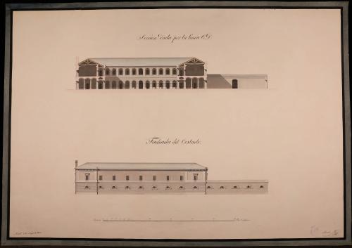 Alzado de la fachada lateral y sección CD de un cuartel para un regimiento de caballería