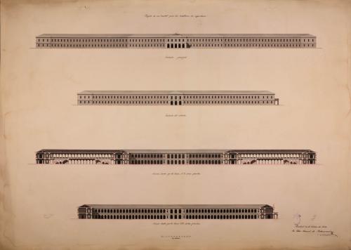 Alzados de la facha principal y lateral y secciones AB y CD de un cuartel para dos batallones de infantería
