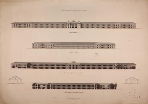 Alzado de las fachadas principal y lalteral y secciones AB y CD y detalle de la armadura de los tejados de un cuartel para dos regimientos de infantería