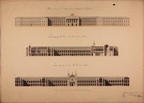 Alzado de la fachada principal y secciones AB y CD de un cuartel de inválidos para Madrid