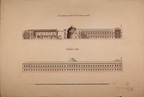 Alzado de la fachada lateral y sección CD de un cuartel de caballería