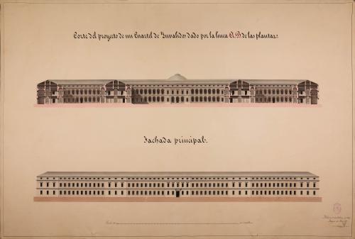Alzado de la fachada principal y sección AB de un cuartel de inválidos