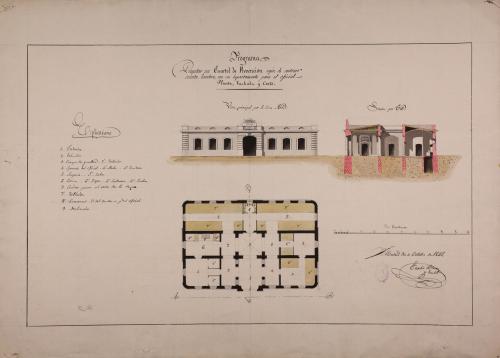 Planta, alzado de la fachada principal y sección CD de una cuartel de prevención para 60 hombres