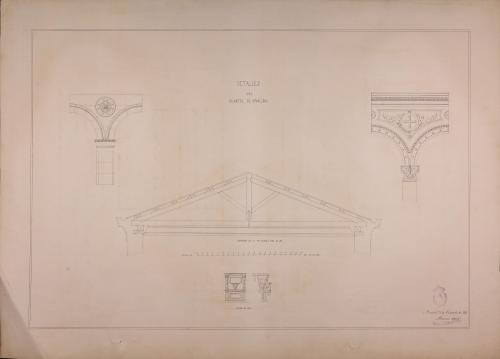 Detalles de los arcos, armadura de la iglesia y sillería del coro de un cuartel de inválidos