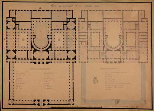 Planta baja y principal de un teatro con plaza porticada