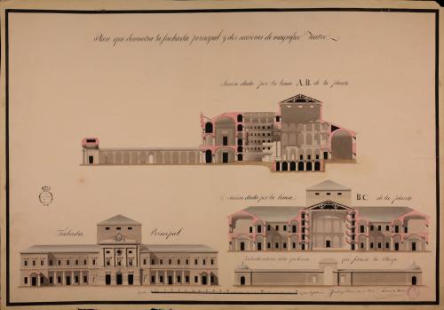 Alzado de las fachadas principal y exterior de la galería que forma la plaza y las secciones AB y BC de un teatro con plaza porticada