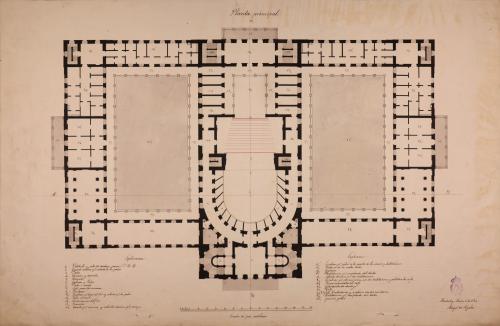 Planta principal de un teatro con dos patios porticados