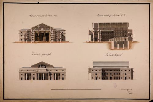 Alzado de las fachadas principal y lateral, y las secciones AB y CD de un teatro