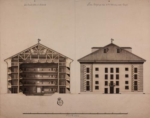 Alzado de la fachada principal y sección transversal de una casa de comedias