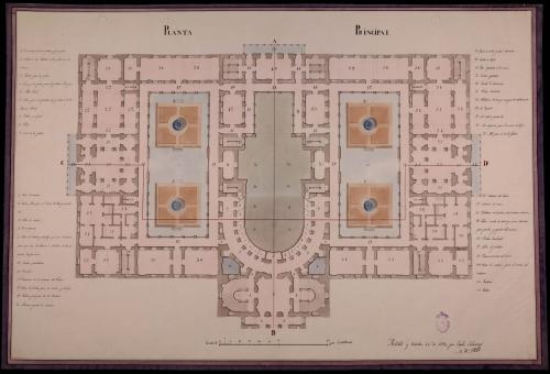 Planta principal de un coliseo con sus oficinas, café, fonda y salones para canto, baile y declamación