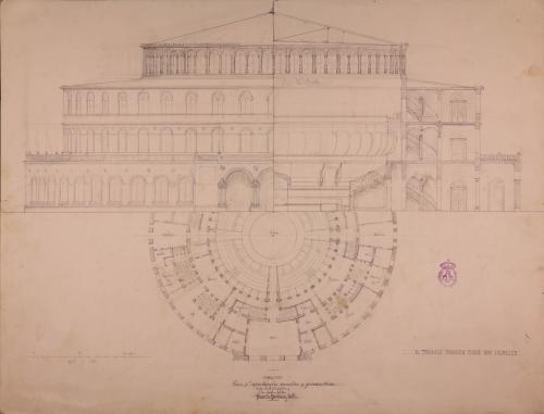 Planta y mitad del alzado de la fachada principal y de la sección de un circo para espectáculos ecuestres y gimnásticos