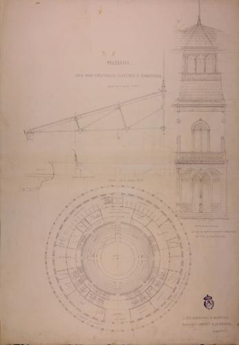 Planta, parte del alzado de la fachada principal, perfiles de la cornisa y detalle constructivo de la cubierta de un Circo para espectáculos ecuestres y gimnásticos