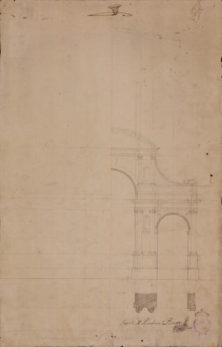 Mitad de la planta y alzado de un arco de triunfo al modo de los antiguos romanos