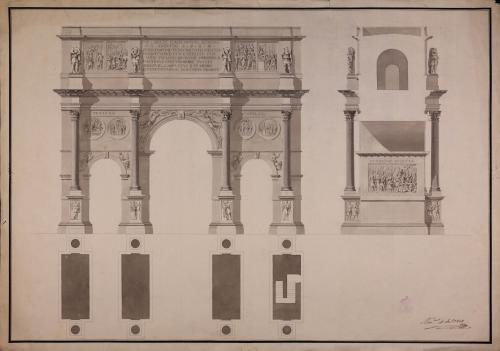 Planta, alzado y sección transversal del arco de Constantino en Roma