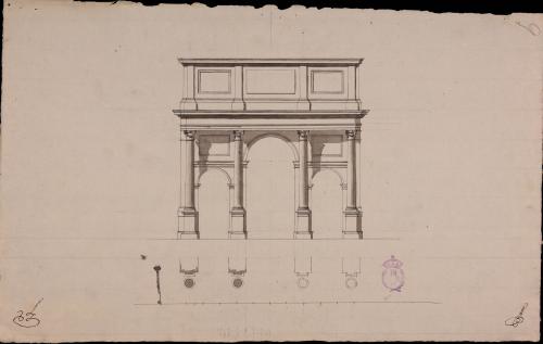 Planta y alzado de un arco de triunfo de orden jónico