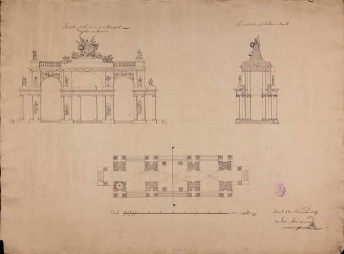 Planta, alzado y sección AB de un arco de triunfo