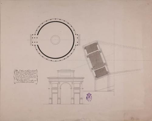Planta en perspectiva y alzado de un arco de triunfo y planta de un templo circular