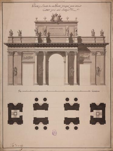 Alzado y planta de una puerta de ciudad por el estilo antiguo