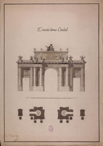 Planta y alzado de la fachada de una puerta de orden dórico para entrada de una ciudad