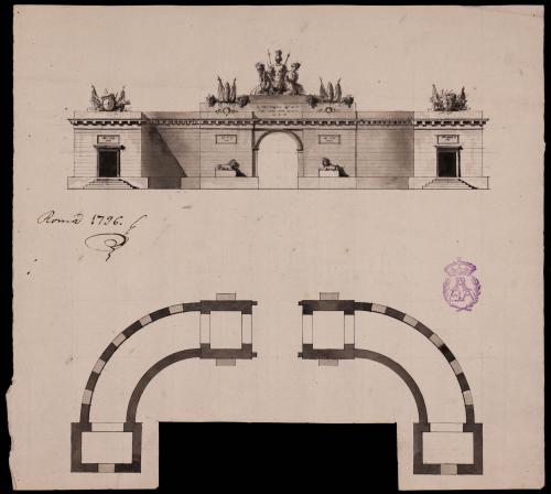 Planta y alzado de la fachada exterior de una puerta de ciudad o de plaza de armas