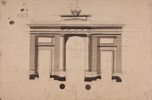 Planta y alzado de la fachada principal de una puerta de ciudad de orden dórico