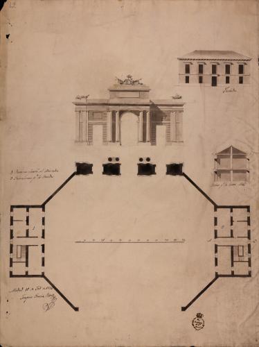 Planta y alzado; alzado y sección AB de los registros y habitación para los guardas de una puerta principal para Madrid