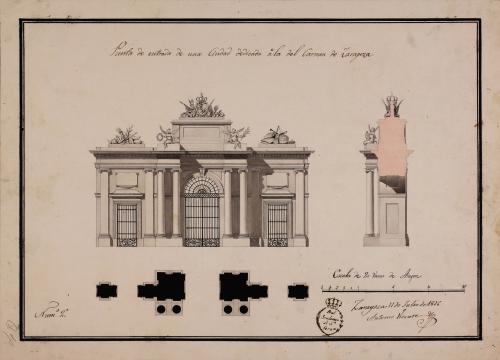 Planta, alzado de la fachada exterior y sección de una puerta de entrada a una ciudad, dedicada a la del Carmen de Zaragoza