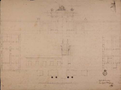 Planta, alzado de la fachada exterior y sección de una puerta principal de registros y entrada a la Corte