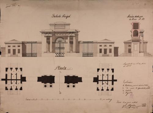 Planta, alzado de la fachada exterior y sección Ab de una puerta de jardín