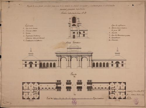 Planta, alzado de la fachada principal y sección AB de una puerta principal para una de las entradas a Madrid