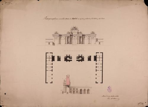 Planta, alzado de la fachada principal y sección de una puerta principal de Madrid, con registros y habitación para el administrador