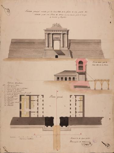 Planta general, alzado de la fachada y sección de una puerta de entrada a una plaza de armas con habitación para el cuerpo de guardia y registro