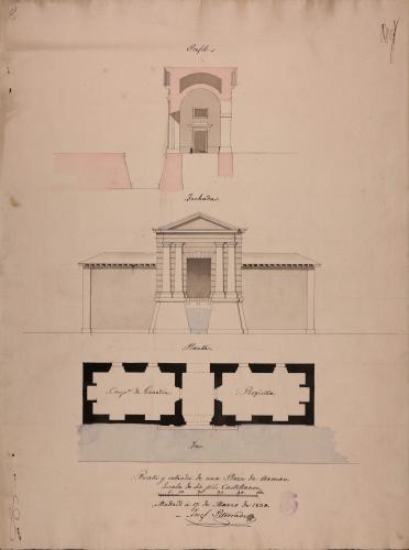 Planta, alzado de la fachada y perfil de una puerta de entrada de una plaza de armas, con registro y habitación para un cuerpo de guardia