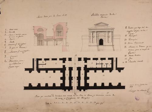 Planta, alzado de la fachada y sección AB de una puerta de una plaza de armas, con habitación para cuerpo de guardia y registro